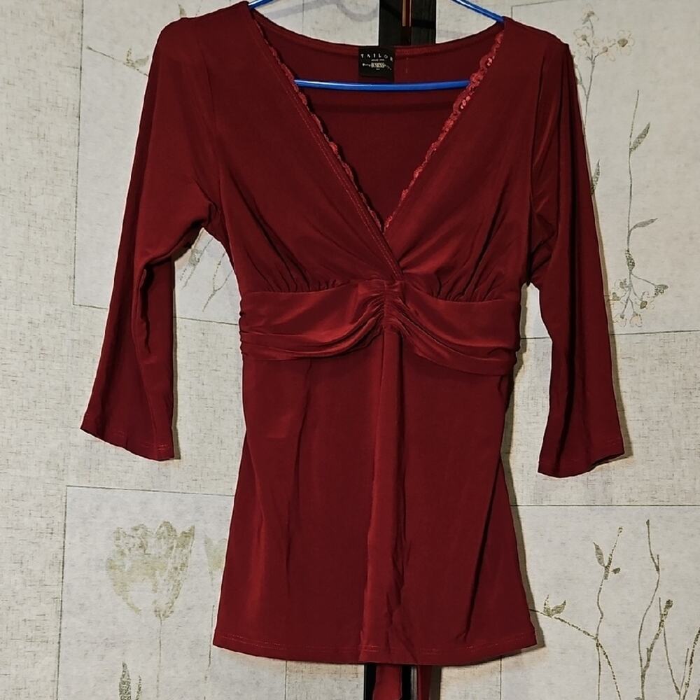 Tailor B. Moss Red 3/4 Sleeve Blouse with Tie Front and Fitted Style